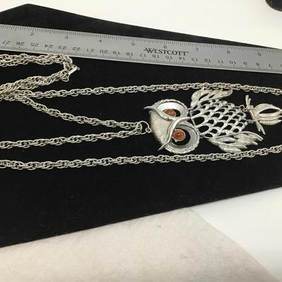 1970s Retro double tiered owl Necklace, color, orange silver