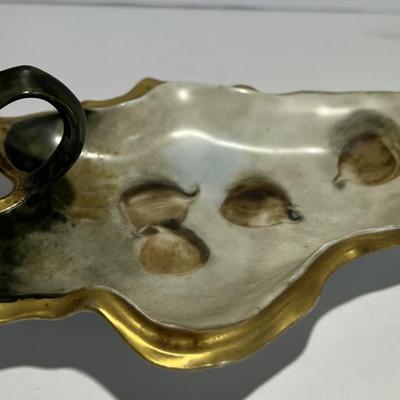 Antique R & S Germany Leaf Shaped Nut Dish w/Handle 5.25" x 4" has a Hairline Crack as Pictured.