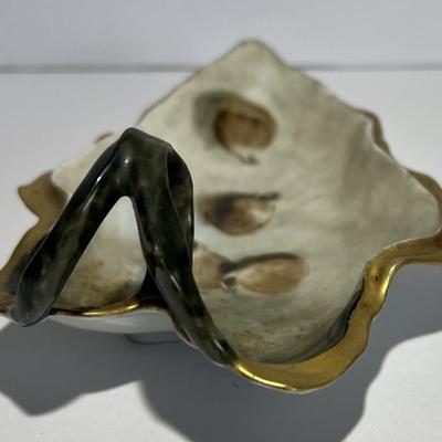 Antique R & S Germany Leaf Shaped Nut Dish w/Handle 5.25" x 4" has a Hairline Crack as Pictured.