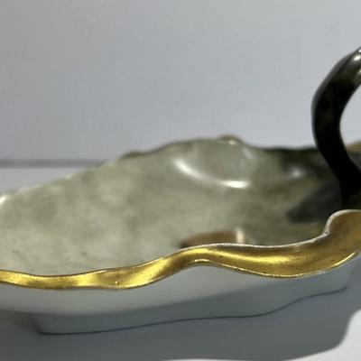 Antique R & S Germany Leaf Shaped Nut Dish w/Handle 5.25" x 4" has a Hairline Crack as Pictured.
