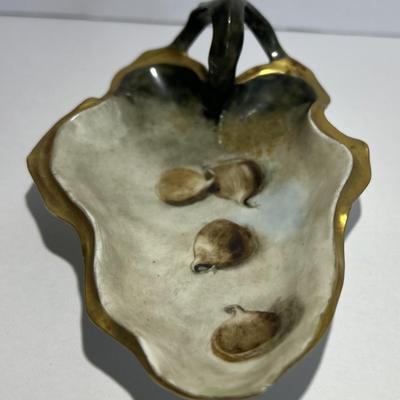 Antique R & S Germany Leaf Shaped Nut Dish w/Handle 5.25" x 4" has a Hairline Crack as Pictured.