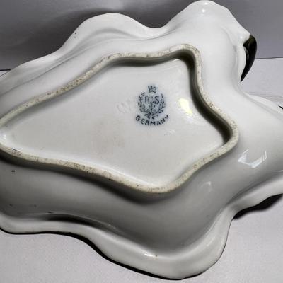 Antique R & S Germany Leaf Shaped Nut Dish w/Handle 5.25" x 4" has a Hairline Crack as Pictured.