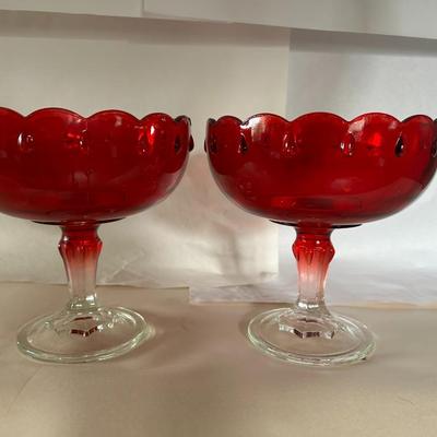 Pair of Vintage 1950s Pedestal Ruby Red Teardrop Indiana Glass Bowls