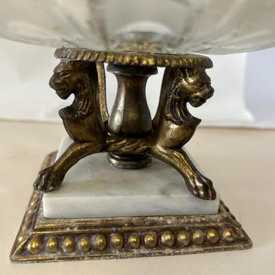 Vintage Heavy Crystal Compote, Marble & Brass Lion Bowl c. 1940-50s