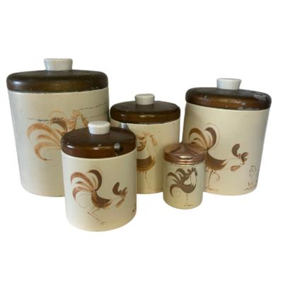 Set of 5 - Vintage Ransburg Rooster Metal Canisters with Lids