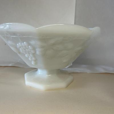 Vintage Anchor Hocking Large Milk Glass Footed Bowl in Grape and Leaf Pattern