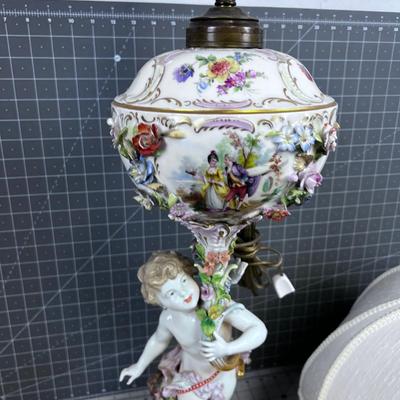 Antique Dresden or Meissen Cherub Putti Lamp