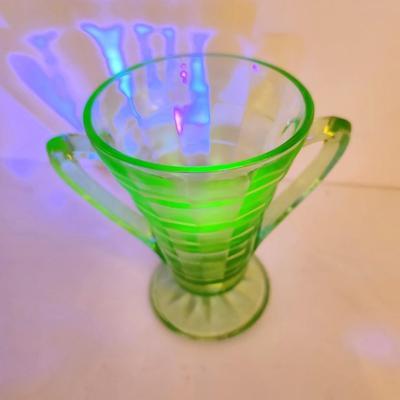 Lot #53 Uranium Vaseline Depression Glass 2-handled Vessel