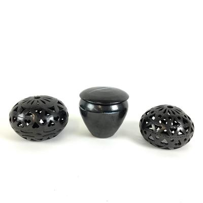 241 Raku Black Pottery Urn w/ Lid & Two Pierced Pottery Votive Holders