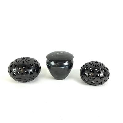 241 Raku Black Pottery Urn w/ Lid & Two Pierced Pottery Votive Holders