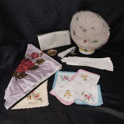 LADIES DON ANDERSON HAT-PRETTY HANKIES-CLUTCH-GLOVES AND COMPACT