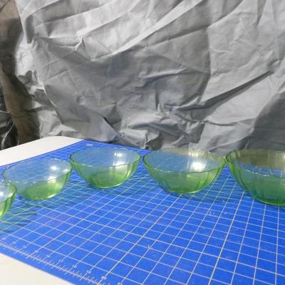 Green Glass Serving Bowls and Yellow Platter