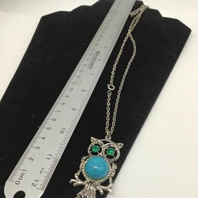 Green eyes and turquoise gem body owl necklace