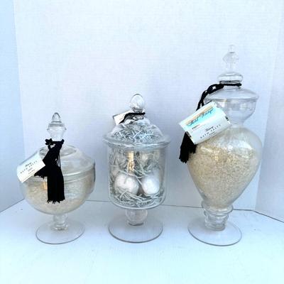 1180 Set of Three New Sealed Bath Salt Glass Apothecary Jars