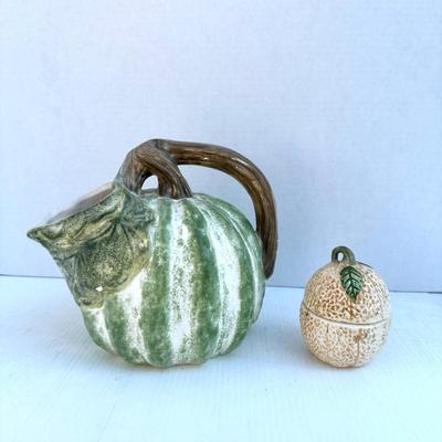 254 Melon Pottery Pitcher with Cantaloupe Salt and Pepper