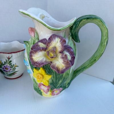 256 Floral Fitz & Floyd Tulip Bowl and Floral Pitcher with Cache Pots