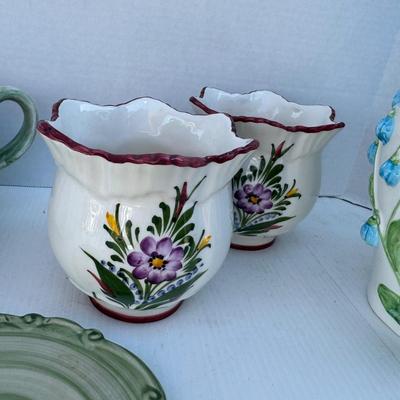 256 Floral Fitz & Floyd Tulip Bowl and Floral Pitcher with Cache Pots