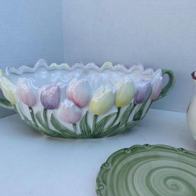256 Floral Fitz & Floyd Tulip Bowl and Floral Pitcher with Cache Pots