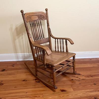 Vtg. Solid Wood Rocker With Cane Seat
