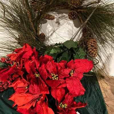 Lot of Christmas Wreath, Faux Poinsettias/Cuetlaxochitls, Beries Swag, and Ceramic Birdhouse