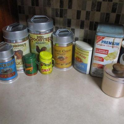 Assortment of Tin Advertising Product Canisters Kitchen Storage Containers Some Vintage