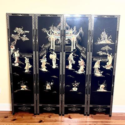 Oriental Four Panel Black Lacquer Mother of Pearl Embossed Embellished Inlaid Screen ~ Reversible