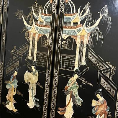 Oriental Four Panel Black Lacquer Mother of Pearl Embossed Embellished Inlaid Screen ~ Reversible