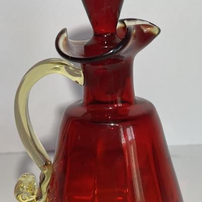 Antique/Vintage Hand-Blown Art Glass Vinegar Jar 6-3/4" Tall w/Stopper as Pictured.
