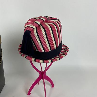 752 Christian Dior Striped Hat & Pink Wool Pill Box Hat