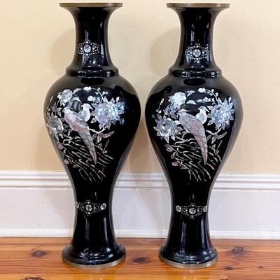 Pair (2) ~ Vtg. Black Enamel Over Brass 25” Vases ~ Mother of Pearl Raised Birds