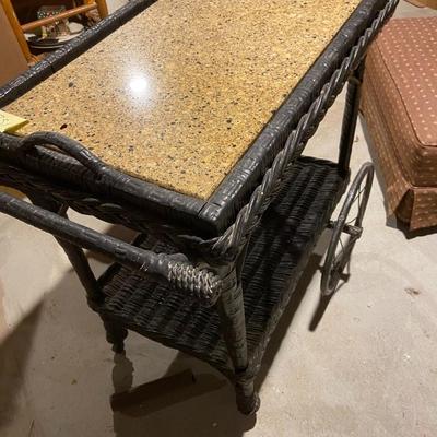 Vintage Wicker and Granite Tea Cart
