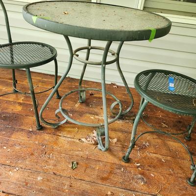 Glass Top Patio Table & 2 Wire Mesh Chairs 27