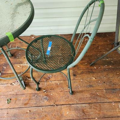 Glass Top Patio Table & 2 Wire Mesh Chairs 27