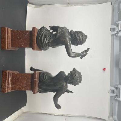 Two Vintage Cherub Bronze Statues on a Marble Stand