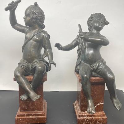 Two Vintage Cherub Bronze Statues on a Marble Stand