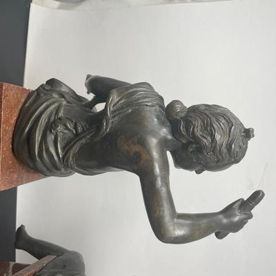 Two Vintage Cherub Bronze Statues on a Marble Stand