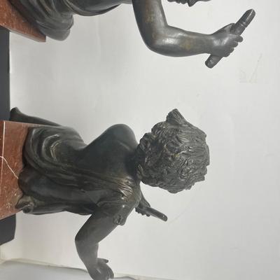 Two Vintage Cherub Bronze Statues on a Marble Stand