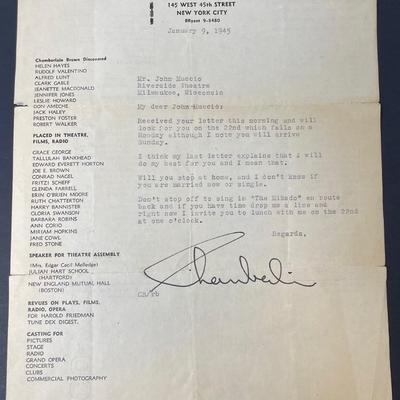 Chamberlain Brown letter ( Theatre producer ) to John Muccio dated Jan 9th 1945