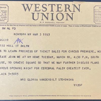 Gloria Vanderbilt Stokowski Western Union telegram to John Muccio/ March 3rd 1953