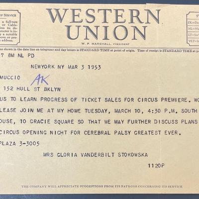 Gloria Vanderbilt Stokowski Western Union telegram to John Muccio/ March 3rd 1953