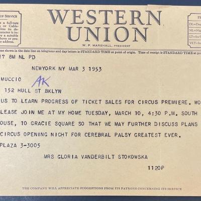 Gloria Vanderbilt Stokowski Western Union telegram to John Muccio/ March 3rd 1953