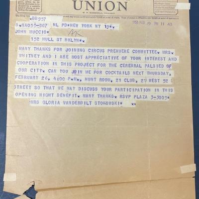Gloria Vanderbilt Stokowski Western Union telegram to John Muccio/ Feb. 19th 1953