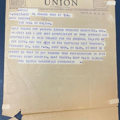 Gloria Vanderbilt Stokowski Western Union telegram to John Muccio/ Feb. 19th 1953
