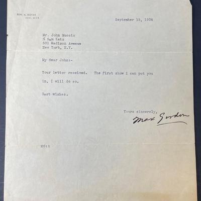 Signed MAX GORDON (Broadway producer) letter to John Muccio/Sept. 15th 1934