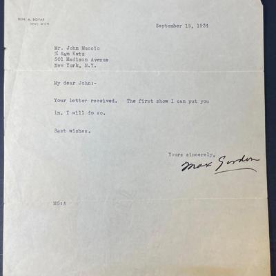 Signed MAX GORDON (Broadway producer) letter to John Muccio/Sept. 15th 1934