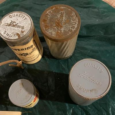 Lot of Vintage Snuff Tins and a Carved Folk Art Gourd