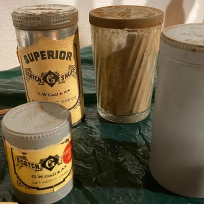 Lot of Vintage Snuff Tins and a Carved Folk Art Gourd