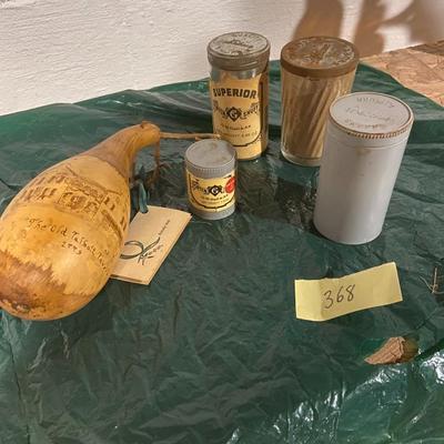 Lot of Vintage Snuff Tins and a Carved Folk Art Gourd