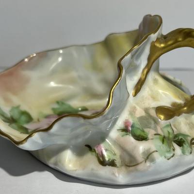 Vintage T & V Limoges France Hand Painted Porcelain Flower Bag 5" Long w/Handle as Pictured.