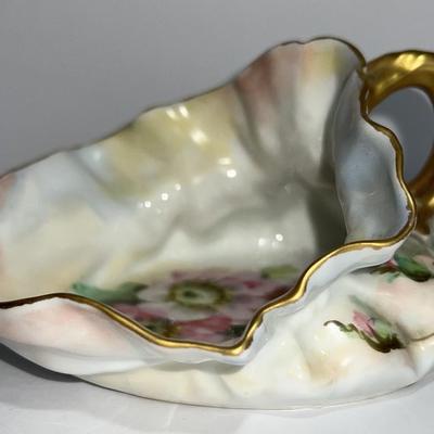 Vintage T & V Limoges France Hand Painted Porcelain Flower Bag 5" Long w/Handle as Pictured.